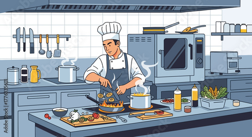 Illustration of a focused chef cooking with passion in a restaurant kitchen