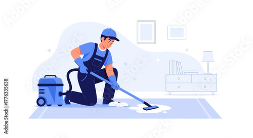 Illustration of a Professional Cleaner Using a Wet Vacuum to Clean a Carpet Stain Inside