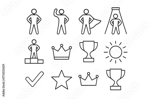 Strong Stance Icons. Strong stance. Line icon set of strong stance: person standing tall, arms on hips, raised fist, confident stance, superhero silhouette,