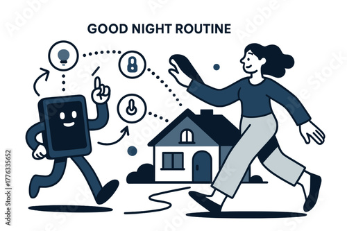 Smart Home Orchestration. AI Assistants ? Smart Home Steward. The assistant orchestrates lights, thermostat, and locks; dotted signals flow house-wide. Tag