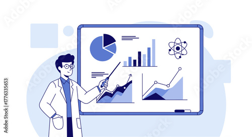 Illustration of a scientist presenting data analysis and research findings on a whiteboard