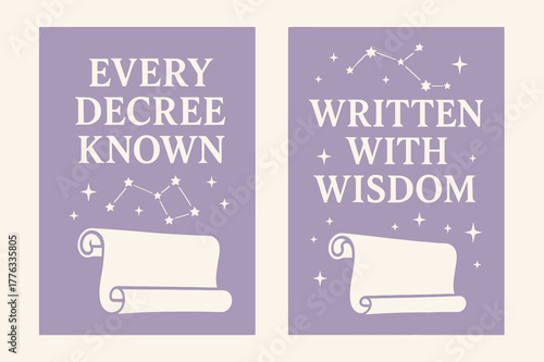 Decree and Wisdom Banners. Fate & Decree. Two vertical A6 banners with safe margins, centered composition, no elements touching edges, modern, lavender and