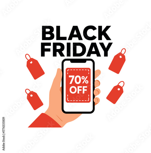 flat vector banner BLACK FRIDAY hand holding smartphone showing 70% OFF coupon floating price tags around clean white layout with red accents modern appcommerce scene