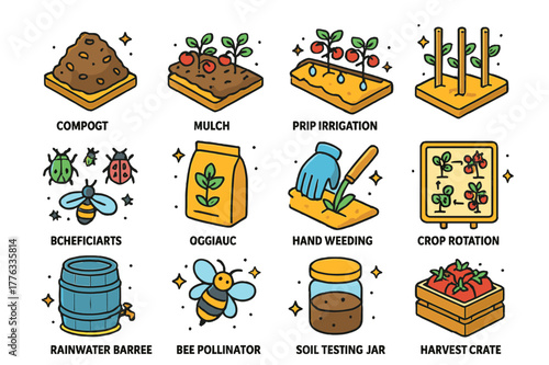 Organic Tomato Icons. Organic tomato farming. Colorful isometric vector icons set of Organic tomato farming: compost heap, mulch layer, drip irrigation hose,