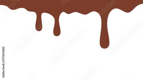 Melted chocolate or syrup drips isolated on a white background. Flowing liquid chocolate border element. A sweet brown syrup or sauce that melts and drips.