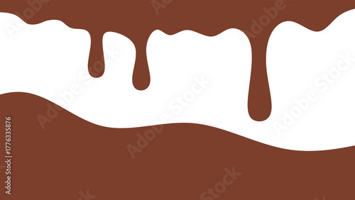 Melted chocolate or syrup drips isolated on a white background. Flowing liquid chocolate border element. Drops of melted chocolate and wavy chocolate.
