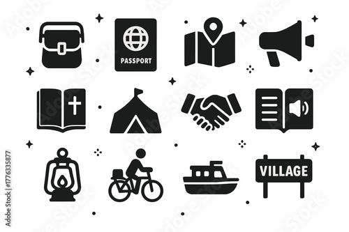 Missionary Icon Set. Missionaries and evangelism. Solid icons set of missionaries and evangelism: travel satchel, passport, map with pin, loudspeaker, gospel