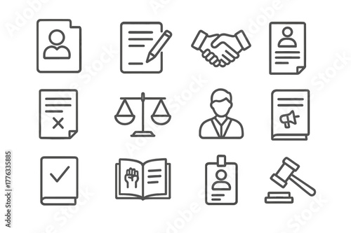 Employment Law Icons. Employment Law. Line icon set of Employment Law: employee file, contract document, handshake, job offer paper, termination notice,