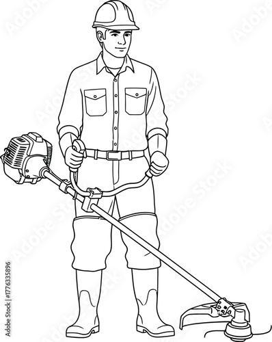 Line art drawing of man using string trimmer weed wacker tool