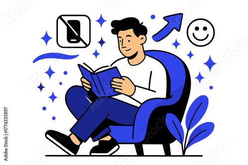 Digital Detox Escape. Digital detox for employees. Employee reading book in quiet corner with abstract floating icons, arrows, and sparkles; emphasizes focus,