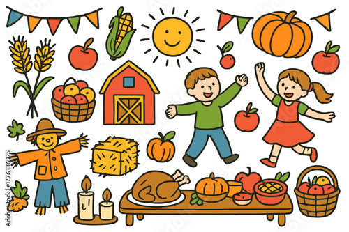 Harvest Festival Celebration. Harvest festival. Colorful Hand-drawn doodle Children illustration Harvest festival wheat sheaves, corn, pumpkin, baskets, hay