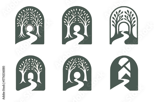 Symbolic Woodland Pathways. symbolic path leading through the woods, filled with light. Set Logo of symbolic path leading through the woods, filled with light: