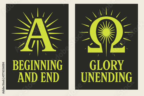 Alpha and Omega Banners. Alpha and Omega. Two vertical A6 banners with safe margins, centered composition, no elements touching edges, retro, charcoal and neon