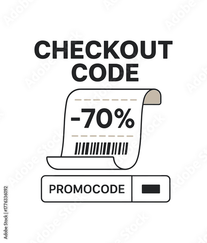 flat vector banner CHECKOUT CODE receipt curling with 70% barcode and promocode field headline bold minimal commerce metaphor