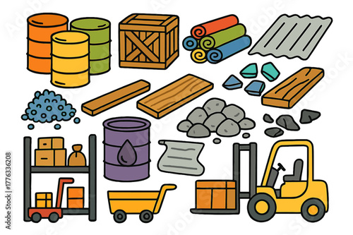 Colorful Raw Materials Icons. Raw materials. Colorful Hand-drawn doodle Children illustration Raw materials barrels, crates, fabric rolls, metal sheet, plastic