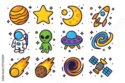 Colorful Space Icon Set. space. Colorful isometric vector icons set of space: planets, stars, moons, rockets, astronauts, aliens, spaceships, galaxies, comets,