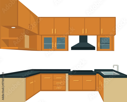 Modern kitchen design with sleek wooden cabinets, stainless steel appliances, and a spacious countertop for culinary creativity.