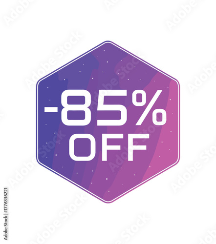 flat vector coupon 85% OFF hexagon badge with inner gradient (→pink) futuristic geometric font thin neon outline tiny particles isolated on white background
