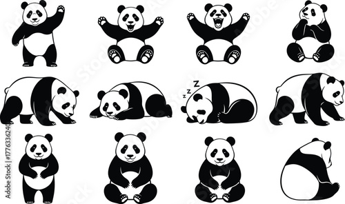 Panda bear vector illustration set of cute panda characters