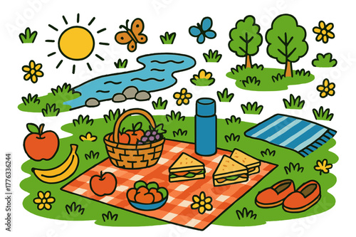 Riverside Picnic Fun. Riverside picnic. Colorful Hand-drawn doodle Children illustration Riverside picnic picnic blanket, basket, fruit, sandwiches, thermos,