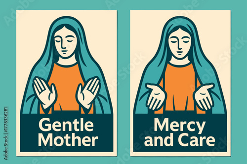 Gentle Mother Banners. Mother of Mercy. Two vertical A6 banners with safe margins, centered composition, no elements touching edges, modern, turquoise and