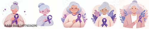 vector of a grandmother holding a purple ribbon