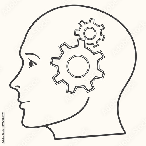 Human head with gears representing logical thinking and process