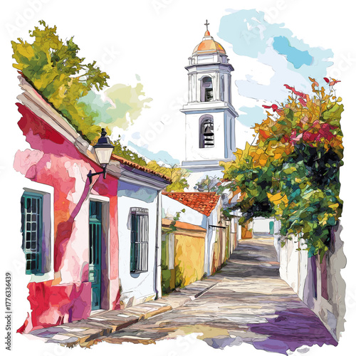 Colonia del Sacramento. Colonia del Sacramento hand drawn watercolor illustration