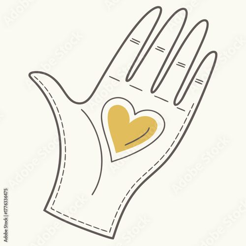 Illustrated hand with heart and destiny lines, a conceptual art piece.