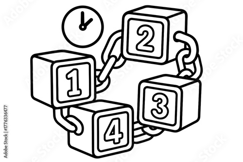 Numbered Cube Chain. Blocks and chains children?s coloring book illustration, outlined drawing, four numbered cubes connected by simple links forming a chain