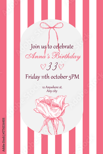 A stylish birthday invitation template in vertical vector format with a text box, a rounded border, stripes and hand-drawn illustrations. The text is not editable and is provided for reference only.