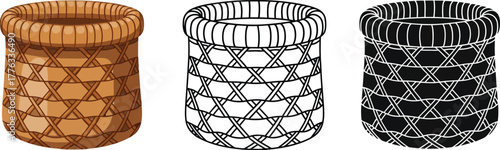 Woven basket illustration set brown black and white vector