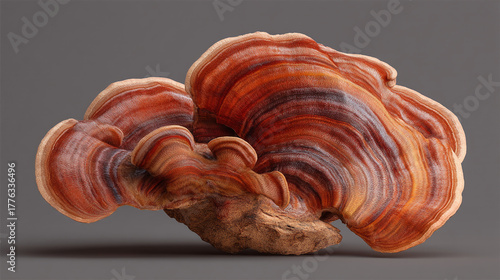 A close up view of a reishi mushroom with its distinct reddish brown and cream colored bands pattern