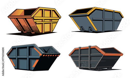 Set of industrial waste skips isolated on transparent background, construction and ecology designs