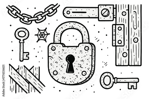 Rusty Keyhole Icons. Rusty Keyhole. Hand-drawn doodle illustration Rusty Keyhole padlock, key, latch, chain, rust, scratches, hinges, cobweb, bolt, dust,