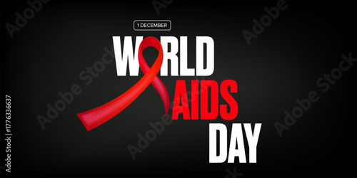 World AIDS DAY 1 december banner with text and red ribbon on grey background.. World HIV awareness day 1 December. Red ribbon with text isolated on grey background. World AIDS Day poster