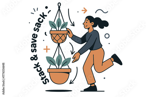 Stylish Plant Hanger. Double-tier hanger for two plants. A second cradle drops elegantly beneath the first; arrows show weight balance. ?Stack & save space?