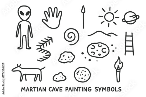 Martian Cave Icons. Martian cave paintings. Hand-drawn doodle illustration martian cave paintings cave wall, rover track, stick figure alien, hand stencil,