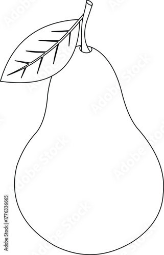 Simple outline drawing of a single pear with a leaf, perfect for educational materials, recipes, or design projects needing a fresh, clean look.