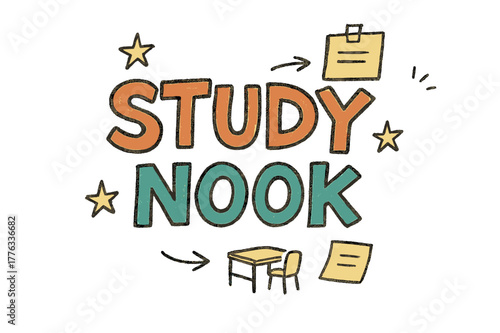 Playful Study Nook. Study Nook ? Doodle / Sketch; playful hand-drawn letters with rough outlines and little arrows; casual offset stacking; colored lettering