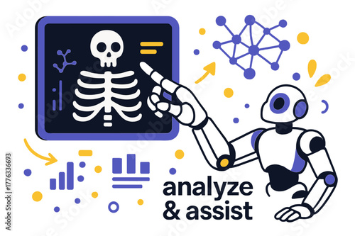 AI-Enhanced Medical Analysis. Healthcare Tech ? AI Diagnosis. Robot hand points to a digital X-ray on a floating screen; data bars and neural nodes animate