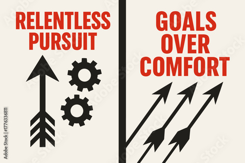 Brutalist Banners Design. Relentless pursuit. Two vertical A6 banners with safe margins, centered composition, no elements touching edges, brutalist, black and