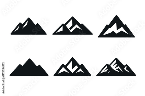 Geometric Mountain Logos. Eurasia. Set Logo of Mountain Range: Filled silhouette, Abstract geometric, Negative space, Flat solid, Symmetrical form, Stylized