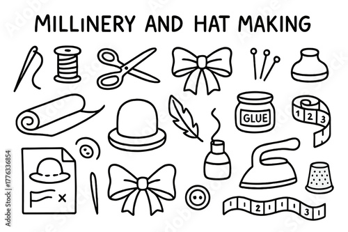 Hat Making Tools. Millinery and hat making. Hand-drawn doodle illustration Millinery and hat making sewing needle, thread spool, scissors, ribbon, fabric roll,