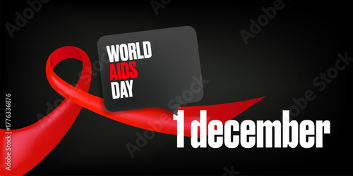 World AIDS DAY 1 december banner with text and red ribbon on grey background.. World HIV awareness day 1 December. Red ribbon with text isolated on grey background. World AIDS Day poster