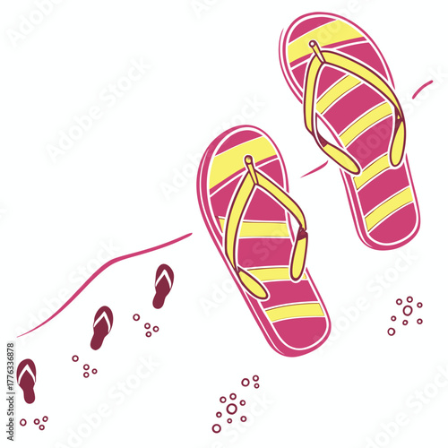Vibrant pink and yellow flip-flops left on sand with footprints