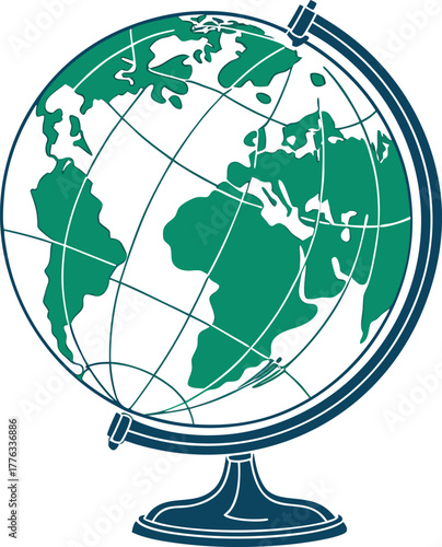 Simplified illustration of a world globe, continents in green.
