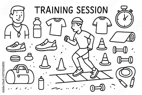 Training Session Icons. Training Session. Hand-drawn doodle illustration Training Session person running through agility ladder, cones, sneakers, stopwatch,