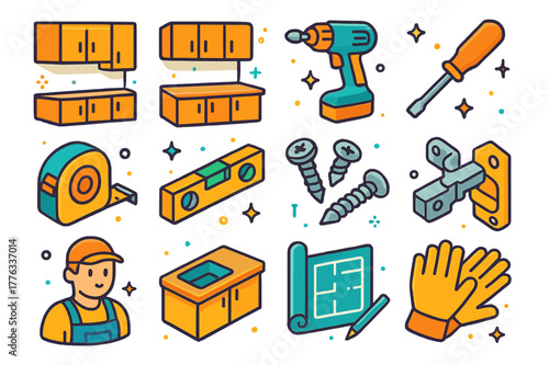 Cabinet Renovation Icons. Cabinet renovation. Colorful isometric vector icons set of cabinet renovation: upper cabinets, lower cabinets, drill, screwdriver,