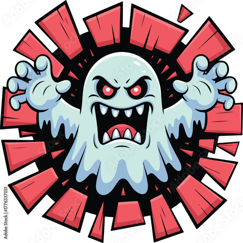 Angry ghost vector illustration with menacing expression and outstretched hands emerging from a vibrant red burst